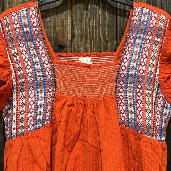 Anthropologie THML Embroidered Ruffle Top L Orange Smocked Aztec Geometric Boho - Picture 4 of 9